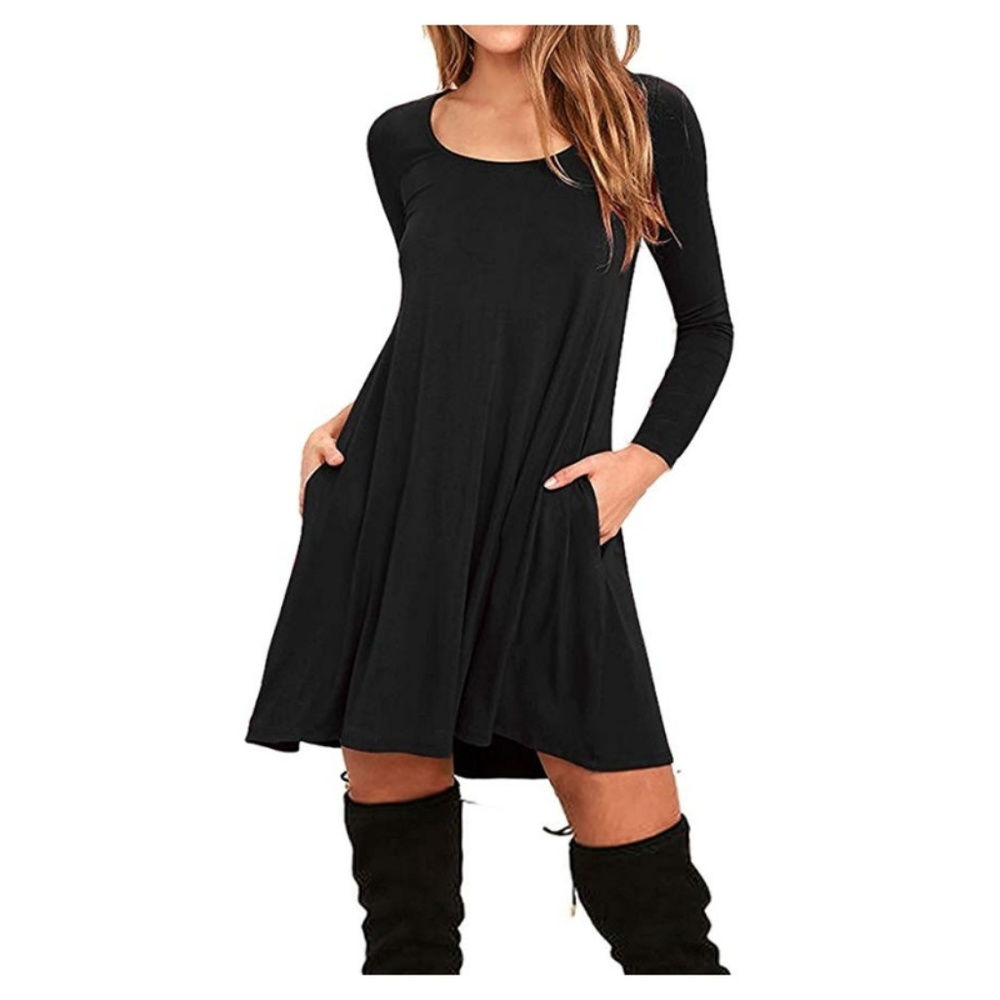 Long Sleeve Casual Swing T-Shirt Dress w/ Pockets